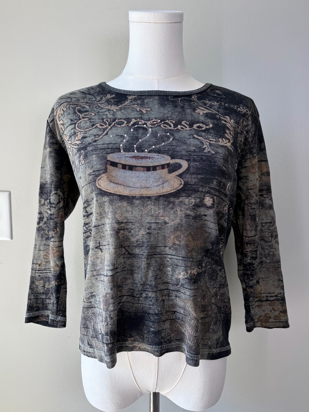 Susan Lawrence Vintage Y2K Rhinestone Coffee Espresso Graphic 3/4 Sleeve Top